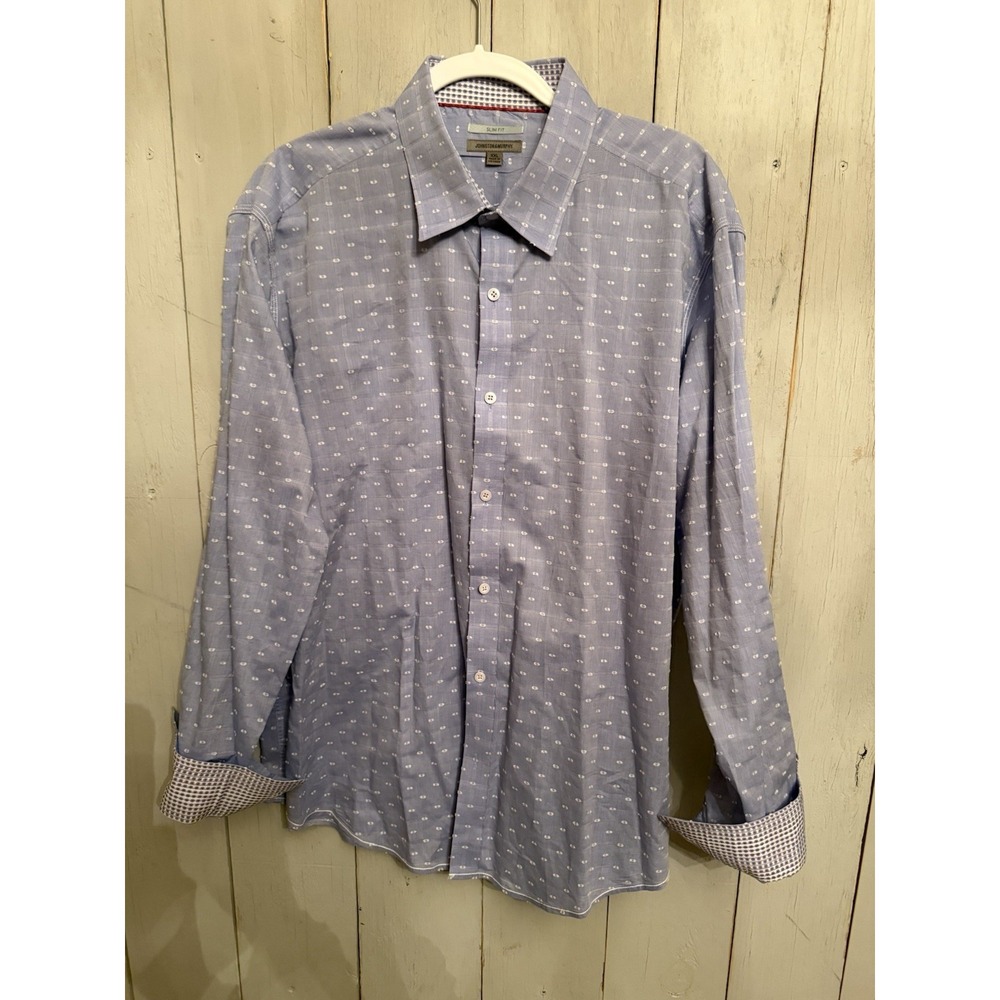 JOHNSTON &‎ MURPHY Mens XXL  Button Up Slim Fit Shirt Blue Contrasting Cuffs